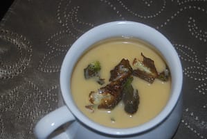 Pumpkin Soup with Crispy Brussels Sprout Leaves